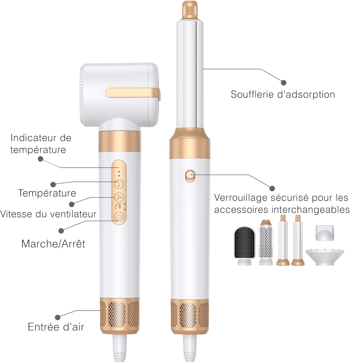 Golden Goods - Airstyler 7-en-1 - 7 accessoires - sèche, lisse, boucle, White/Gold