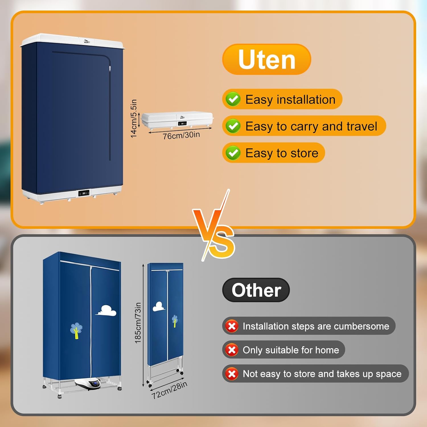 Sèche-linge électrique portable 1500W, amovible, minuterie, compact