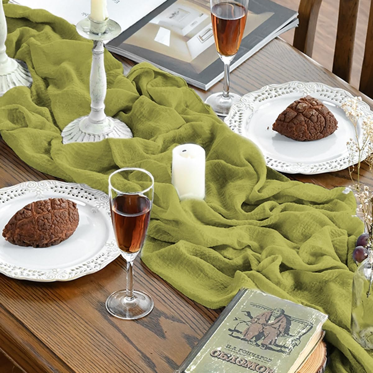 Artoid Mode - chemins de table bohême - 300 cm - gaze mousseline vert gazon, déco mariage/anniversaire