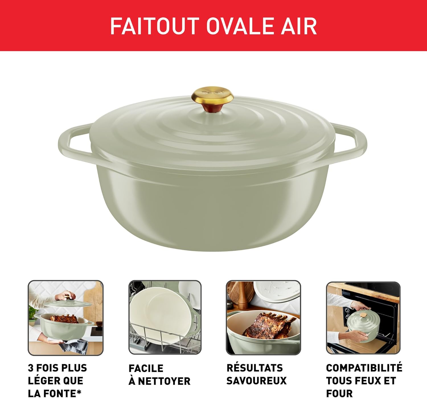 Tefal - Cocotte fonte ovale série Air - 30cm - fonte alu légère, céramique, four, induction, E2668925