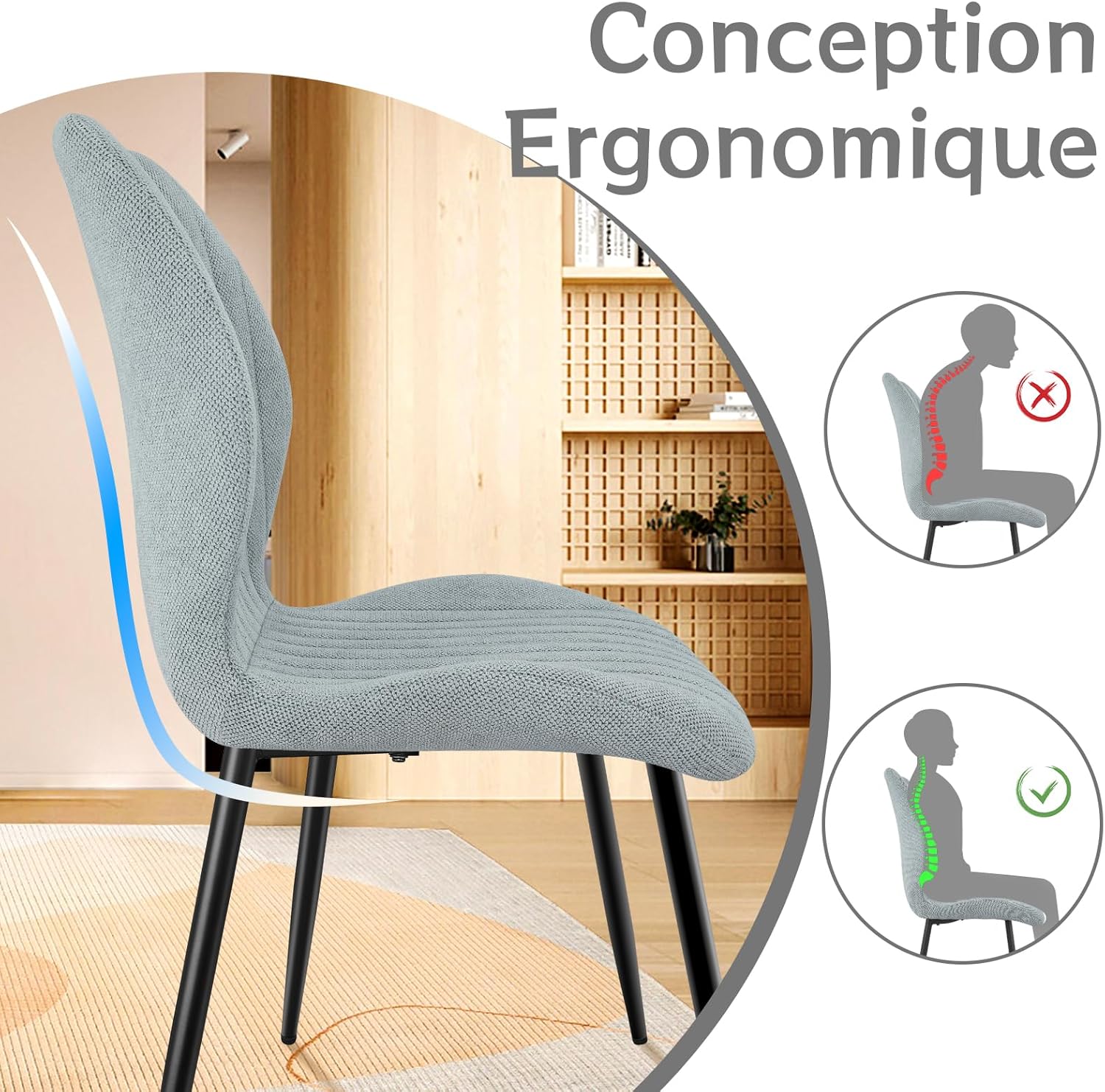 Chaises salle à manger - tissu gris clair, pieds métal, lot de 4