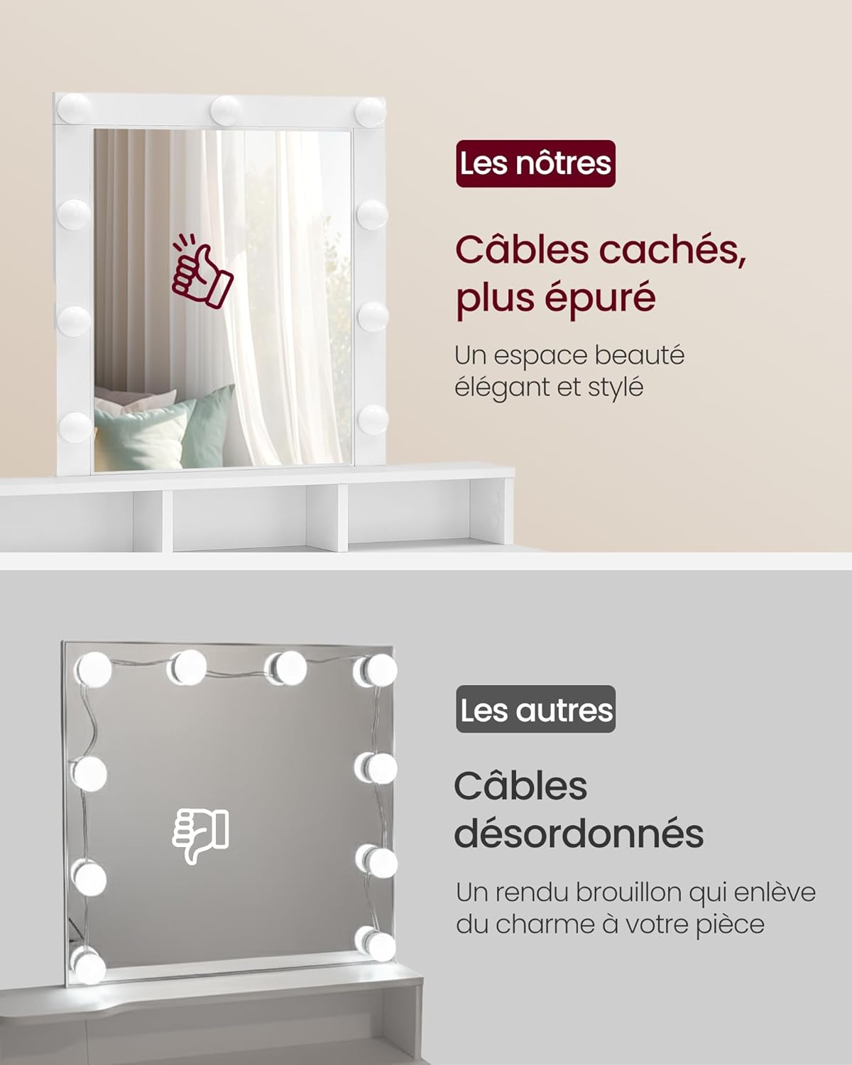 VASAGLE - Kailyn Collection - coiffeuse LED, 2 tiroirs, 3 compartiments, style moderne, blanc - RDT114WB01