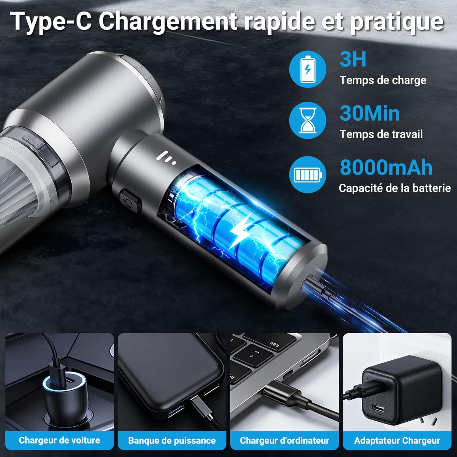 Aspirateur à main - sans fil - 26000Pa - 3 vitesses, moteur sans brosse