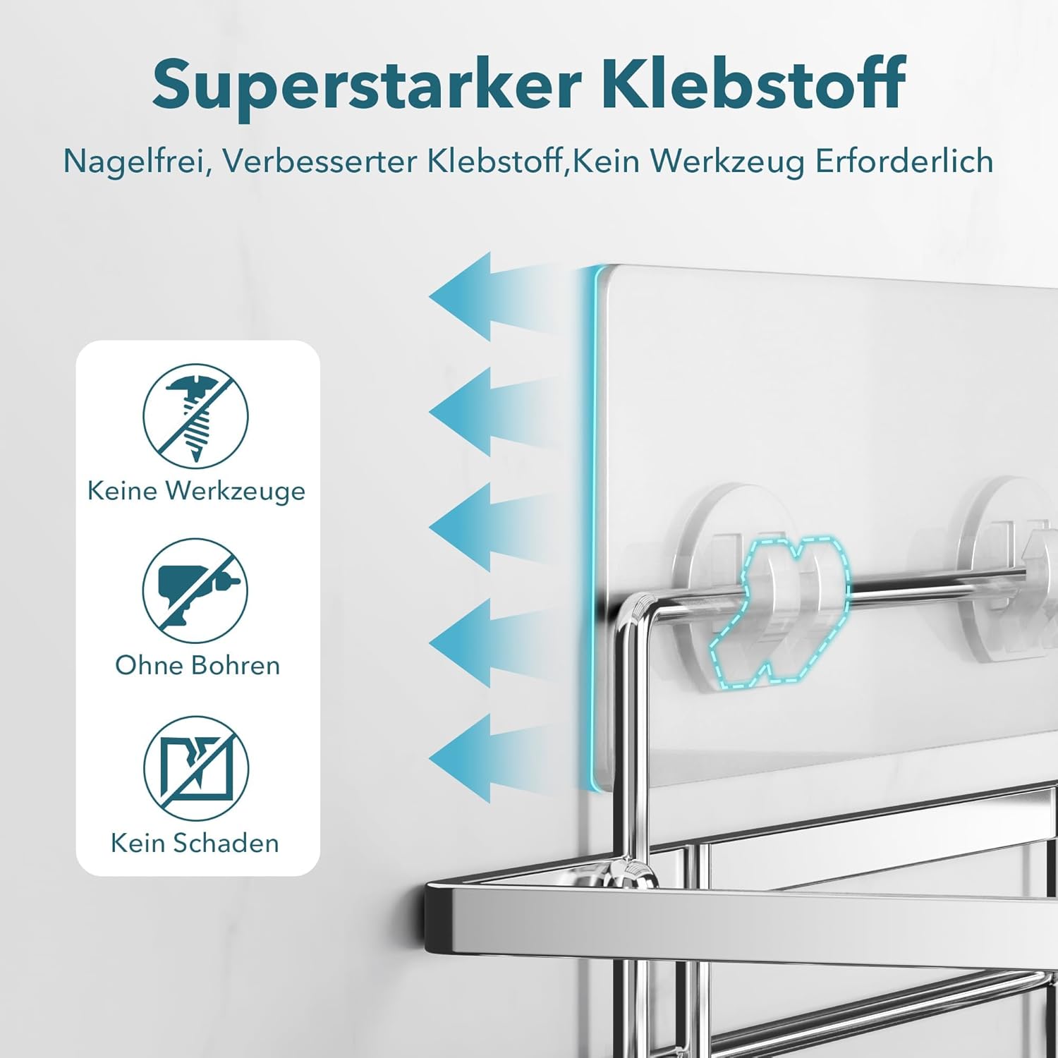 Étagère salle de bain - pack 2 - sans perçage, argenté, adhésif puissant