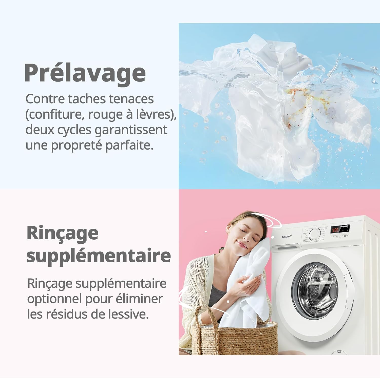 Comfee - lave-linge frontal 8 kg, classe A, 1400 tr/min, 15 programmes, CFE12EW80-W-FR