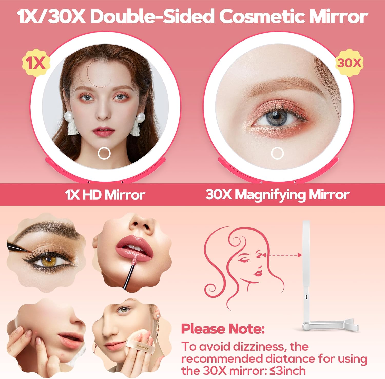 B Beauty Planet - miroir maquillage double face, pliable, lumière 3 couleurs