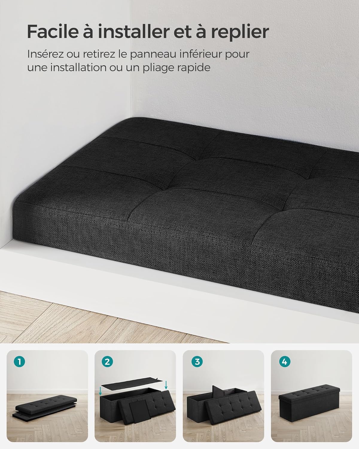 SONGMICS - banc de rangement pliable - 38x110x38 cm - coffre 300kg Noir LSF077B01