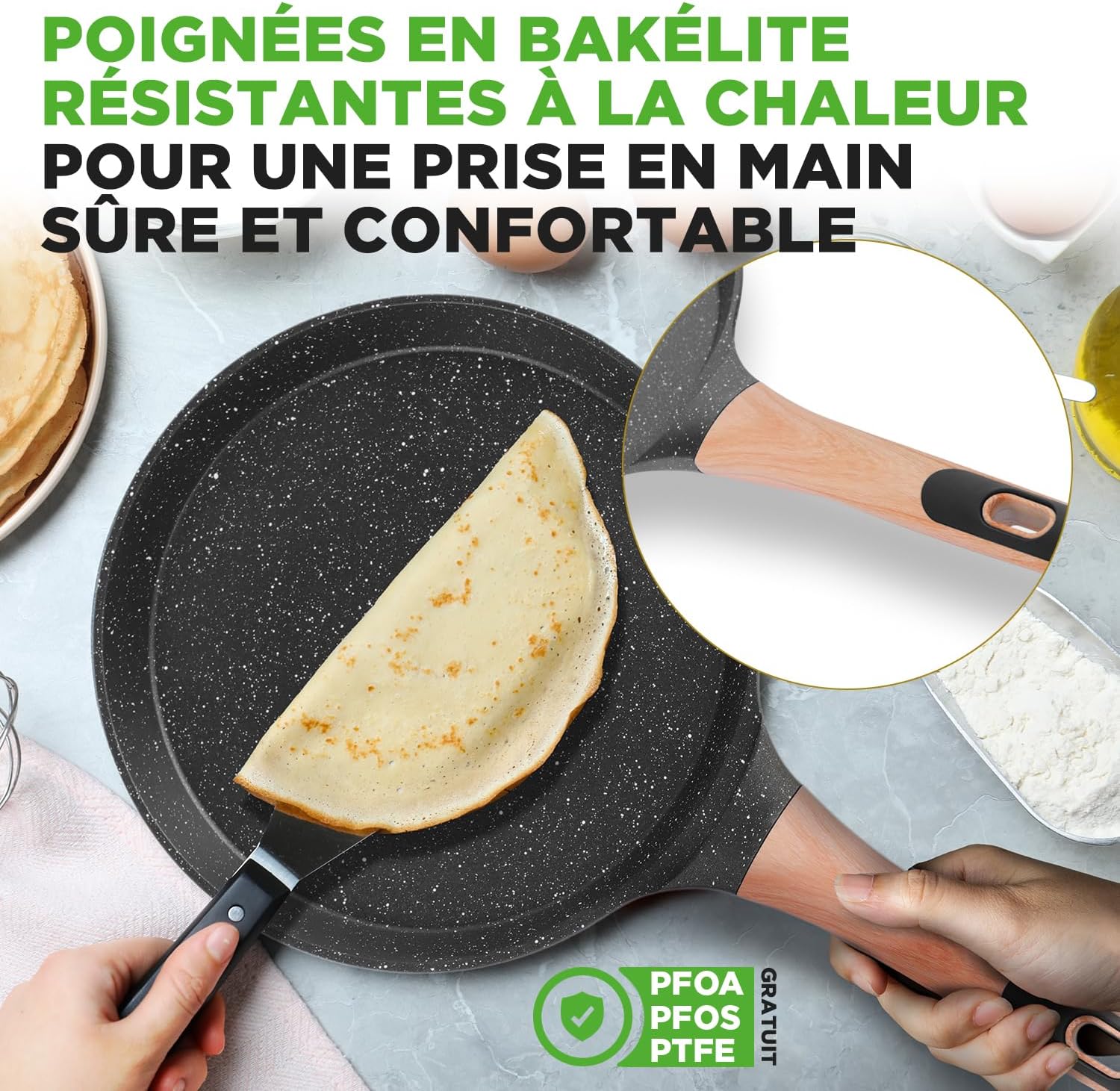 Nutrichef - Poêle à crêpes marbre 24 cm - induction, répartiteur bois, sans PFOA, lave-vaisselle