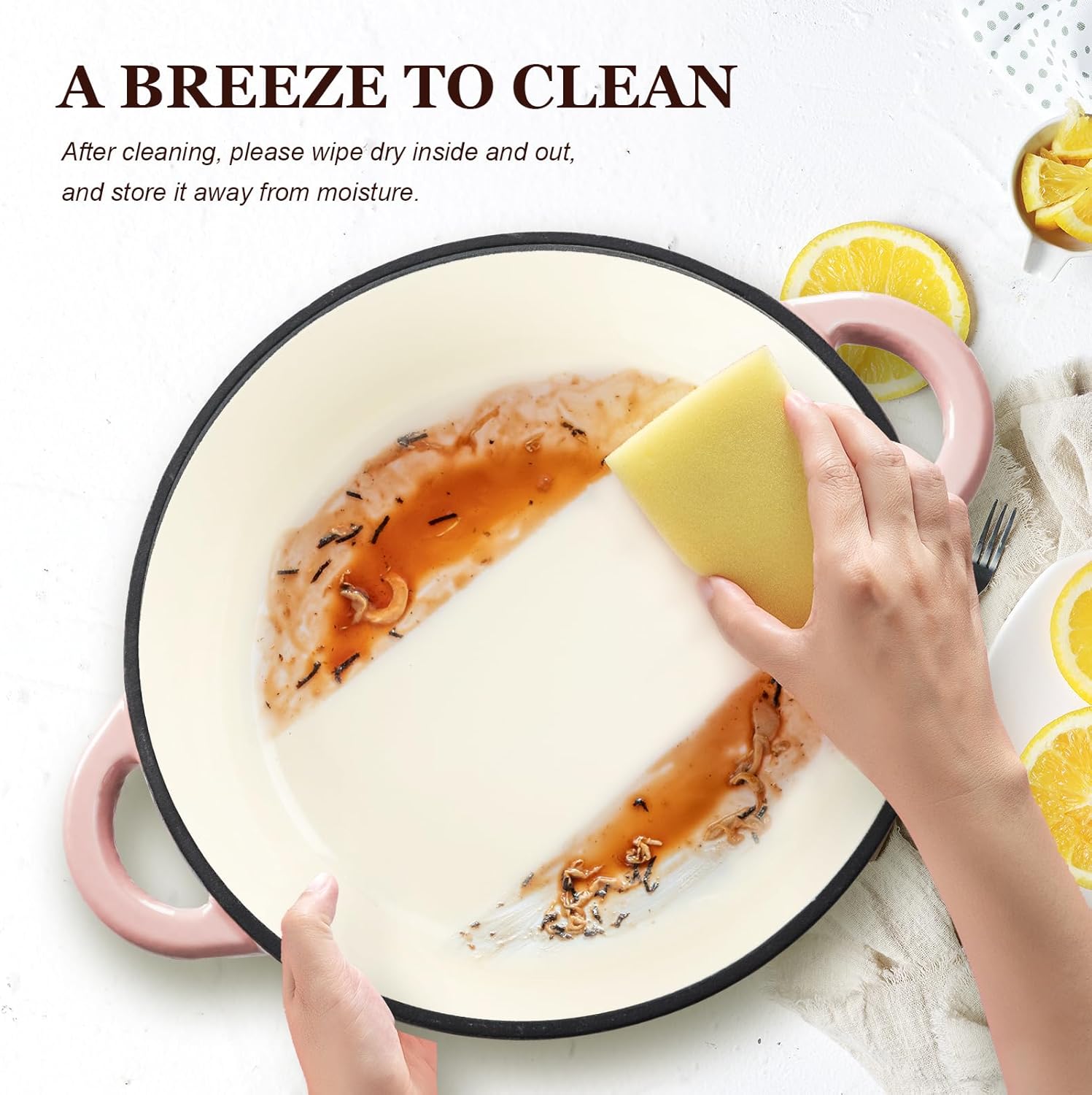 Overmont - Cocotte en fonte émaillée 26 cm - Antiadhésive, couvercle, maniques, rose pastel