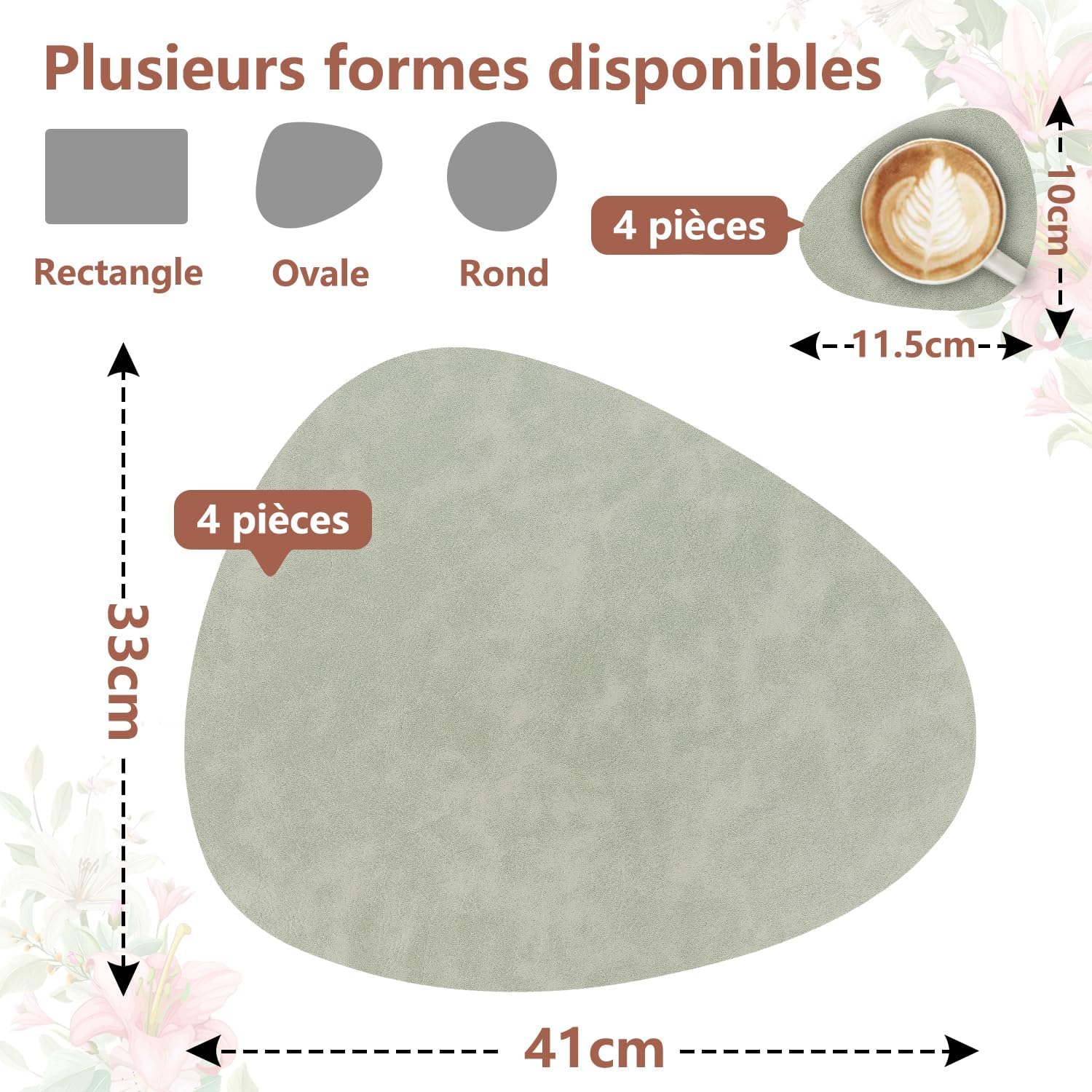 Sets de table - lot de 4 ovales 41x33cm, cuir PU double face, lavables, antidérapants, vert clair/beige