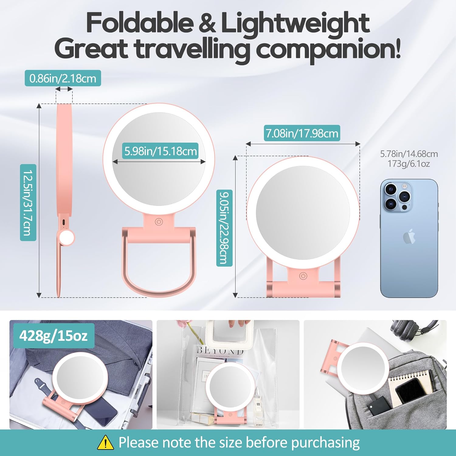 Miroir de maquillage - double face 1X/30X, 3 modes, lumière, 2000mAh, pliable, compact, format voyage