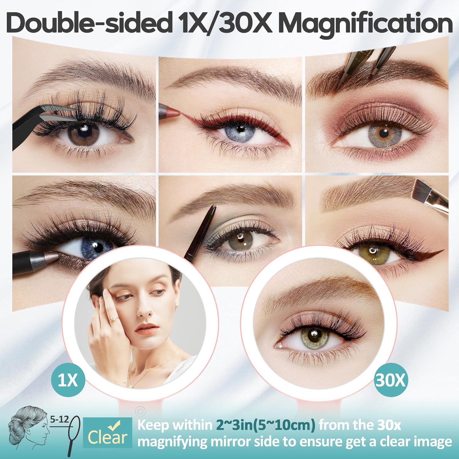 Miroir de maquillage - double face 1X/30X, 3 modes, lumière, 2000mAh, pliable, compact, format voyage