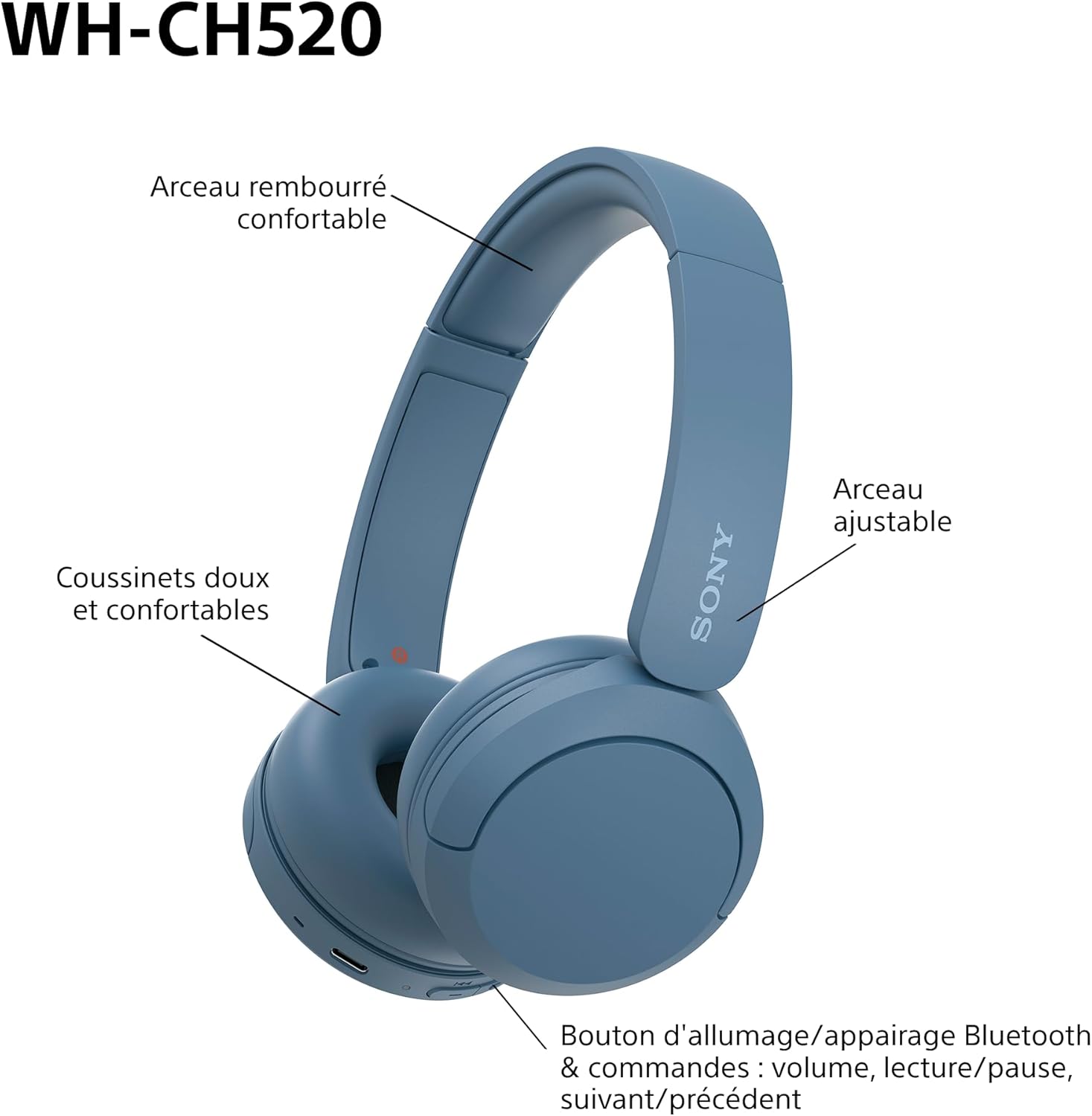 Sony - WH-CH520 - Casque Bluetooth, micro, 50h autonomie, bleu