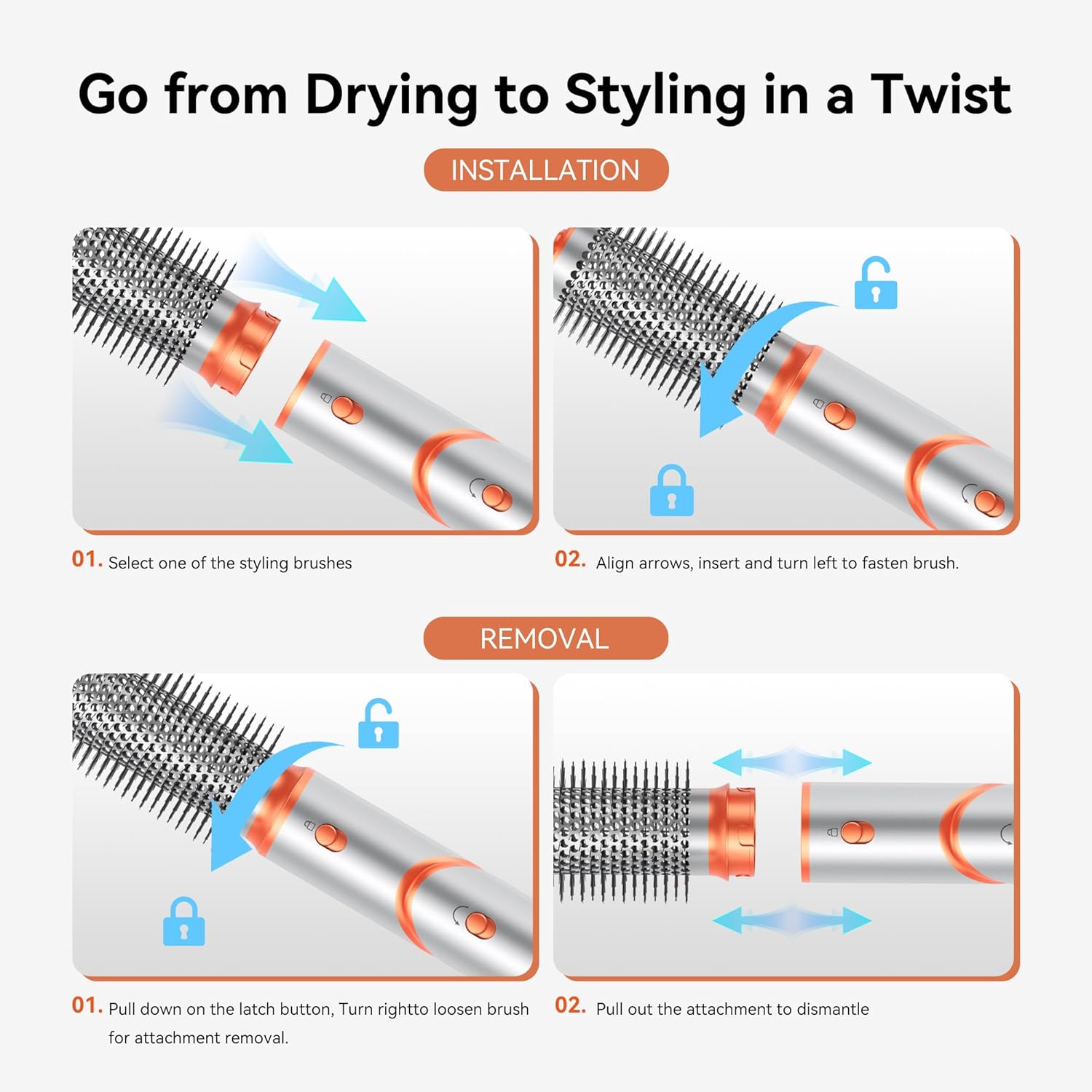 Air Brush 5 en 1 - Brosse coiffante pliante, 110000 tr/min, séchage, lissage, bouclage, argent