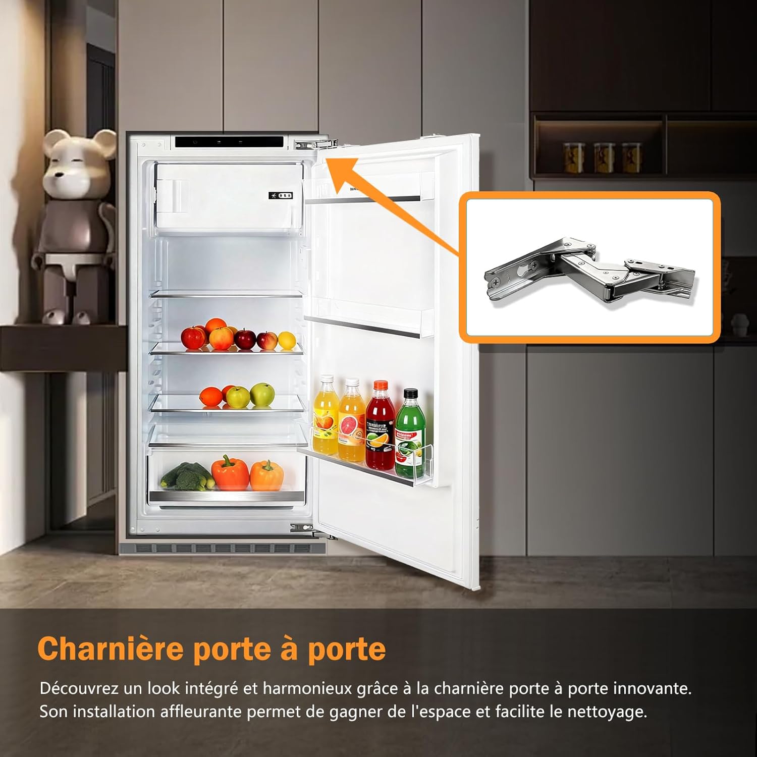 Réfrigérateur encastrable 122 cm, 188L, porte réversible, ultra silencieux