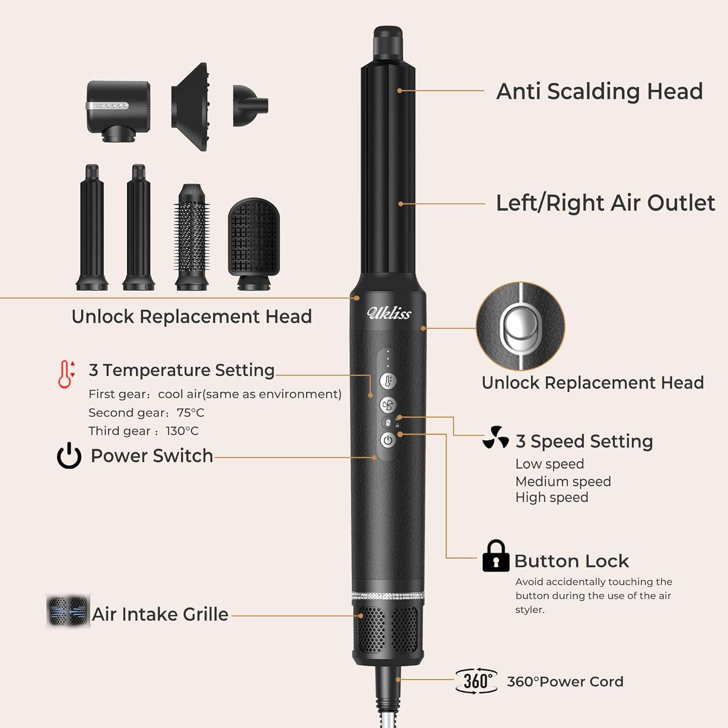 UKLISS - Air Styler 7 en 1 - multi-accessoires - brushing & boucleur