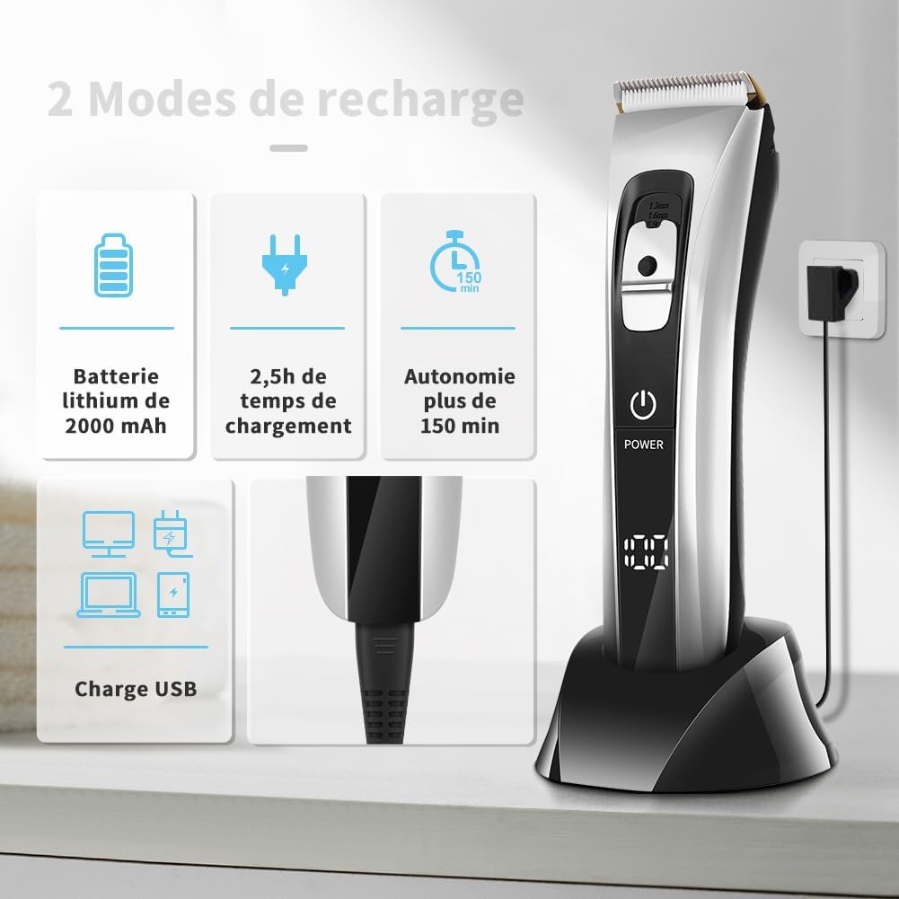 Tondeuse cheveux professionnelle sans fil, lame céramique/titane, 8 sabots, réglable