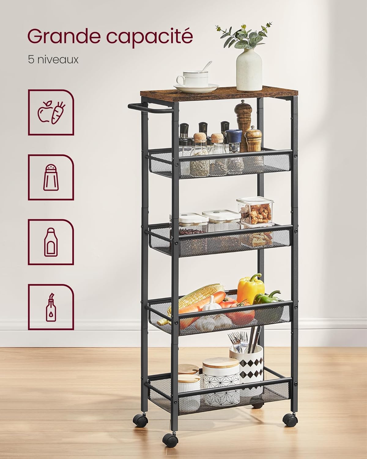 VASAGLE - desserte cuisine 5 niveaux - 22x45,4x99,6 cm - roulettes, acier, poignée, LRC035B01