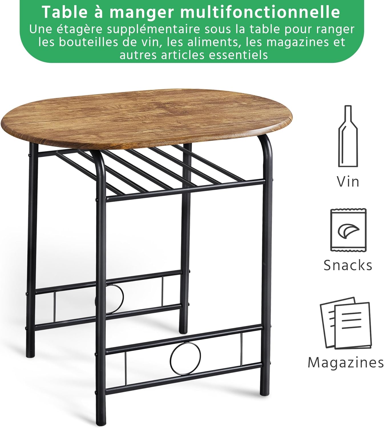Yaheetech - Ensemble table ronde 3 pièces petit espace, porte-bouteilles, bois, 2 chaises, dimensions compactes