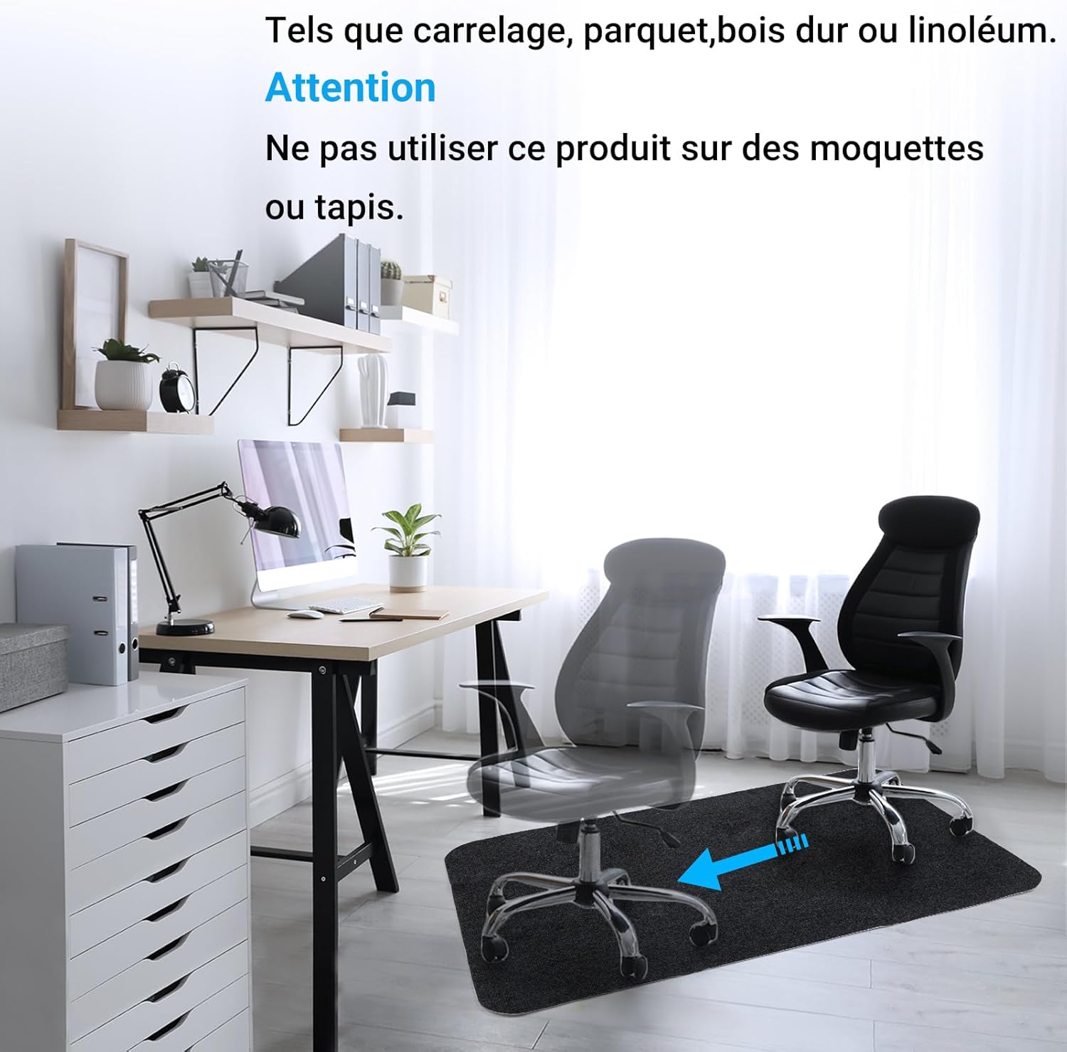 COSYLAND - Tapis chaise bureau - 90x120 cm - antidérapant, protège sols durs, facile à nettoyer, noir - 1.0