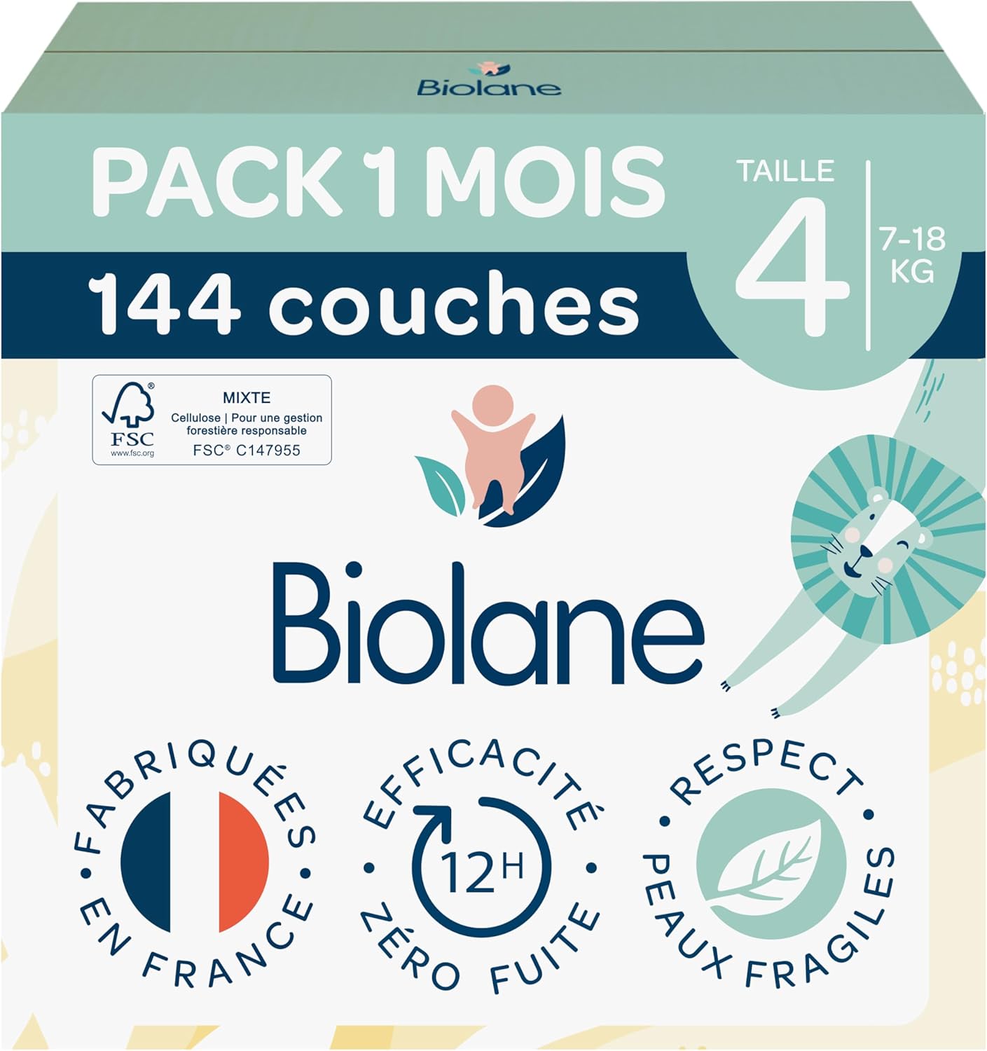 Biolane - couches bébé taille 4 - ultra-absorbant, 12h protection, pack 144