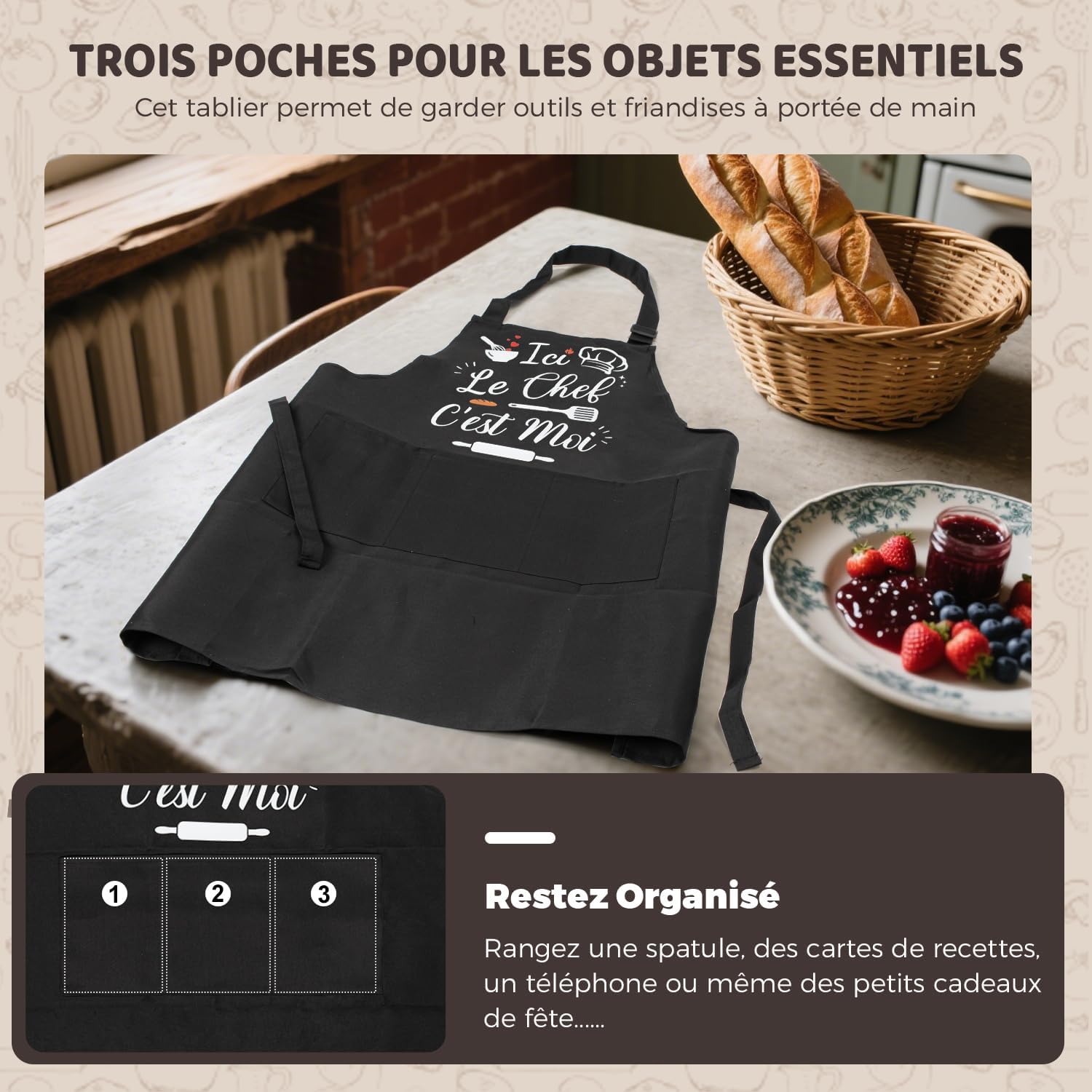 Tablier cuisine homme - humour imperméable réglable - poches pratiques