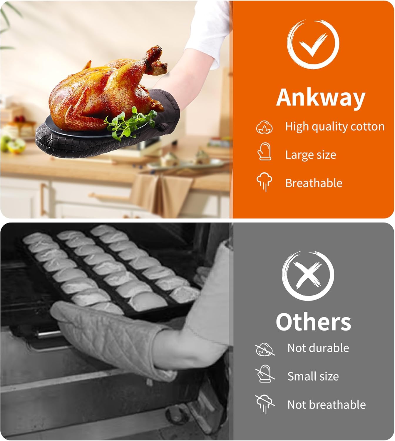 Maniques de Cuisine - lot de 4 - coton doux, silicone épais, antidérapant, résistantes à la chaleur, longues et flexible