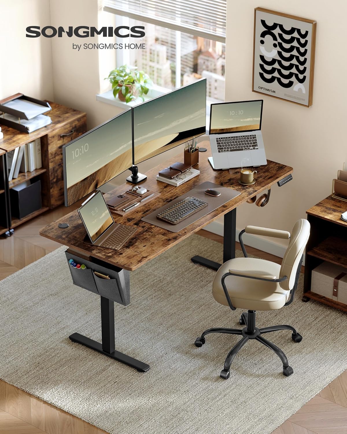 SONGMICS - Bureau réglable série LSD - 160x70 cm, mémoire 4 hauteurs, marron/noir - LSD136K01