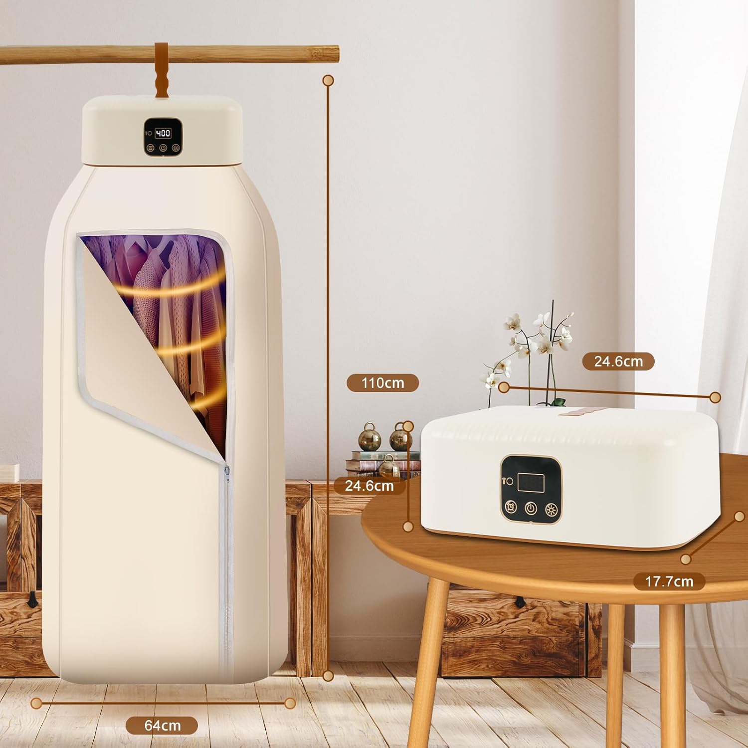 Sèche-linge portable - mini pompe à chaleur, 600 W, UV, sac séchage, minuterie, PTC, affichage LED