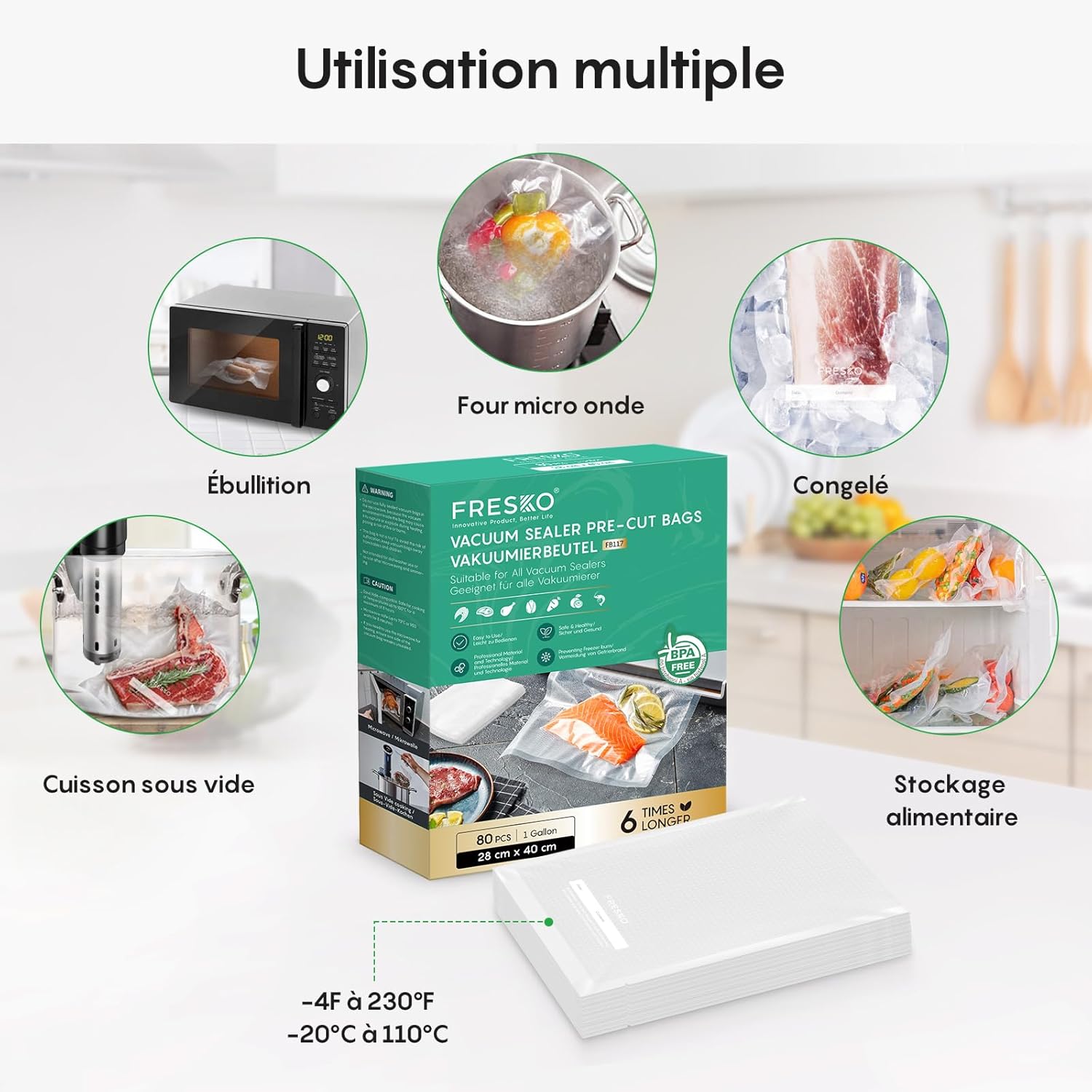 FRESKO - sacs sous vide professionnels - 28x40 cm - aluminium, compatibles toutes machines, sans BPA, pack 80