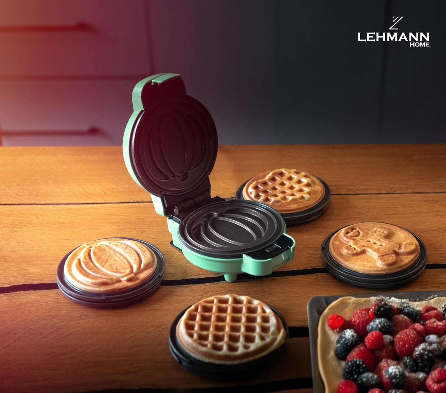 LEHMANN - mini gaufrier séries 4 formes - plaques interchangeables, antiadhésif, menthe, idéal enfants