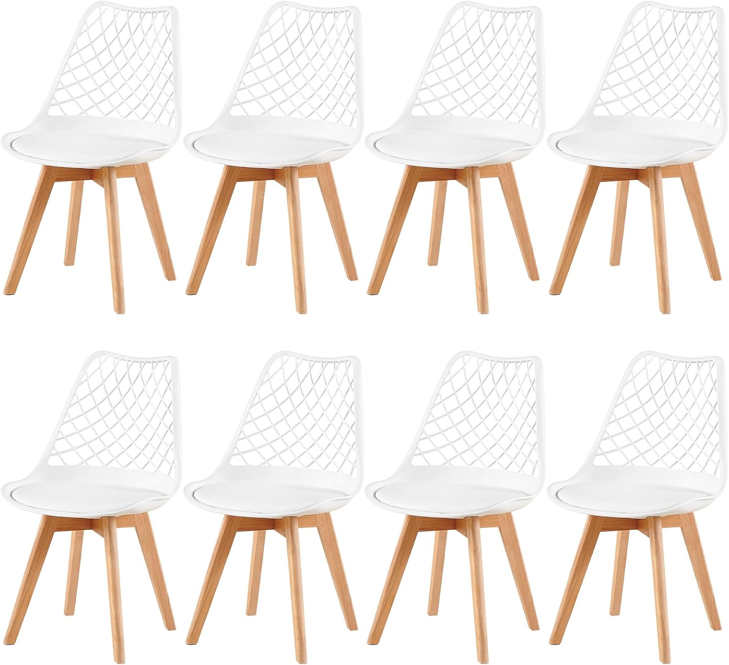 Eggree - Lot de 8 chaises scandinaves blanches, bois hêtre, assise creusée, coussin, motifs ajourés, testées SGS