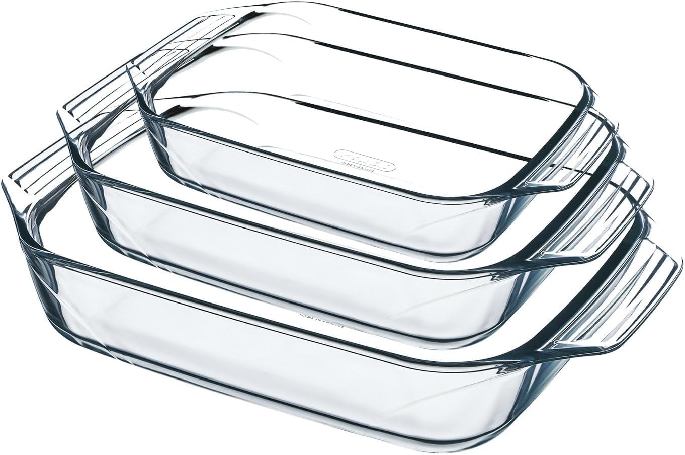 Pyrex - Lot de 3 plats à four rectangulaires - larges poignées, verre borosilicate, format familial
