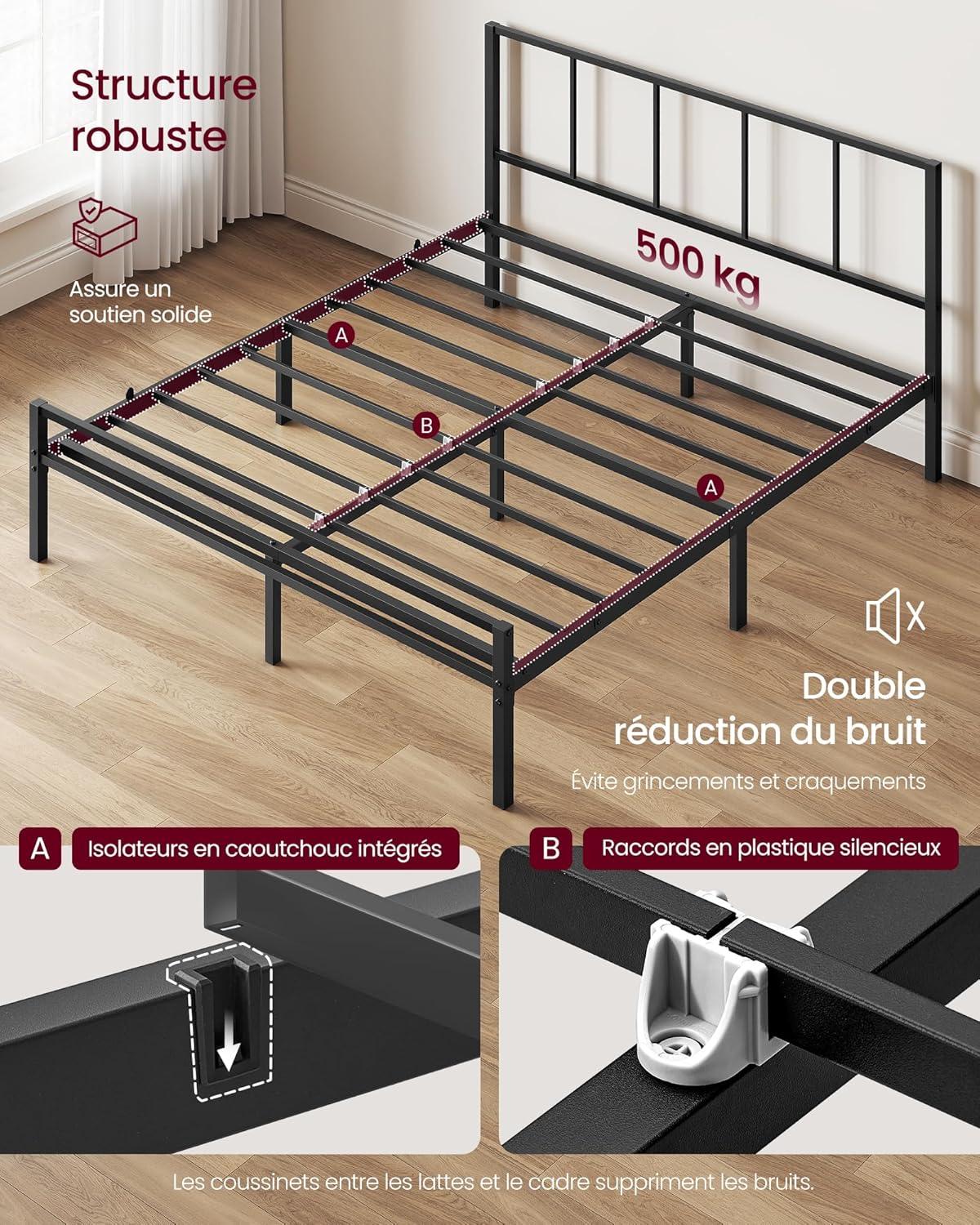 VASAGLE - cadre de lit série RMB - 160x200 cm - métal, étagères, tête de lit, montage facile - RMB195BD01