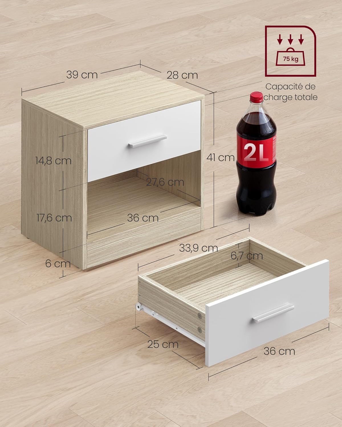 VASAGLE - Table de nuit série LET - 50x40x35 cm, tiroir, compartiment ouvert, poignée, beige/blanc - LET619T67