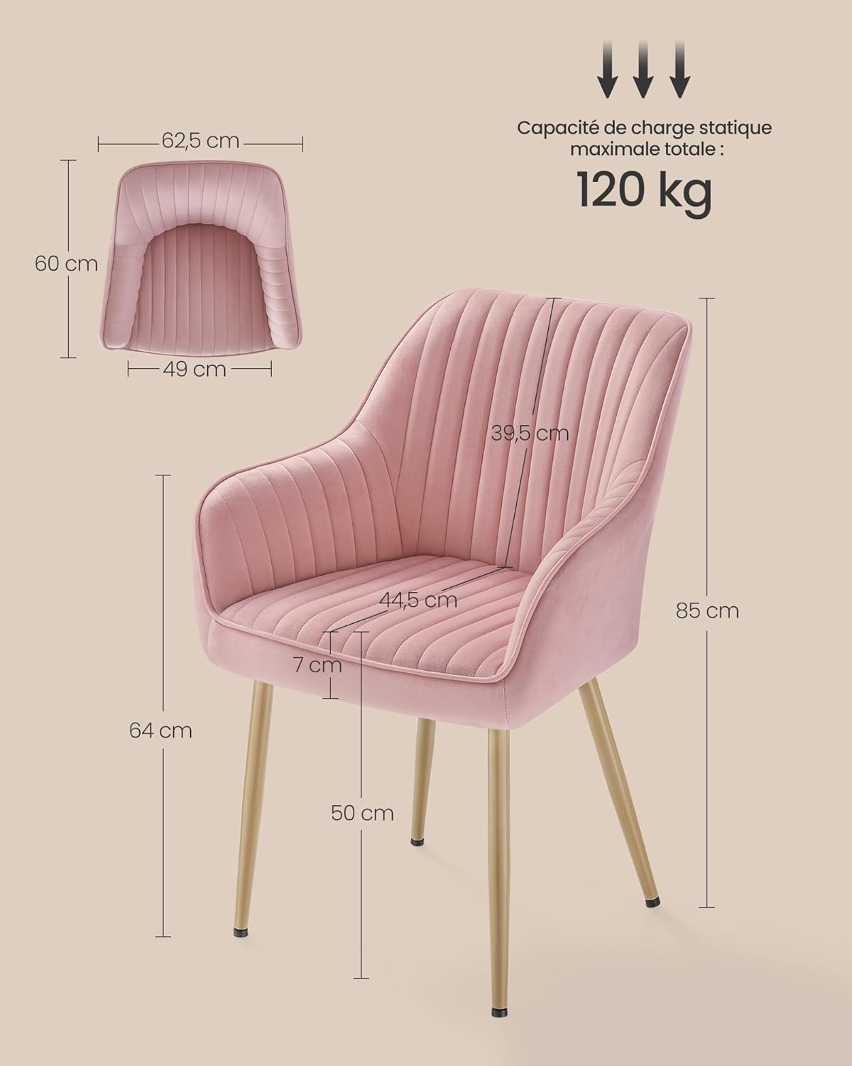 SONGMICS - chaise salle à manger velours, accoudoirs, 120kg, métal, LDC087R01