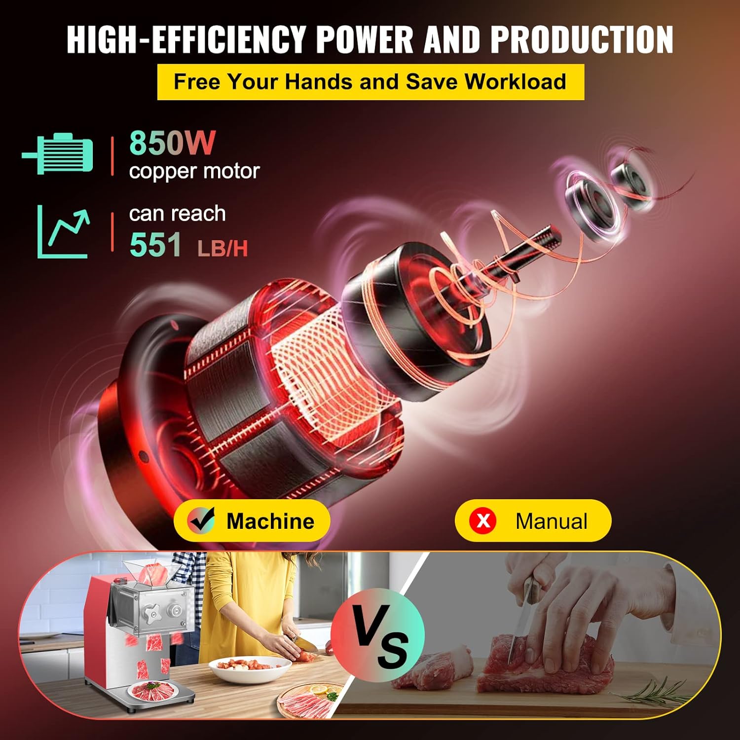 VEVOR - Machine à découper viande, 250kg/h, 850W, lame 3,5mm, inox