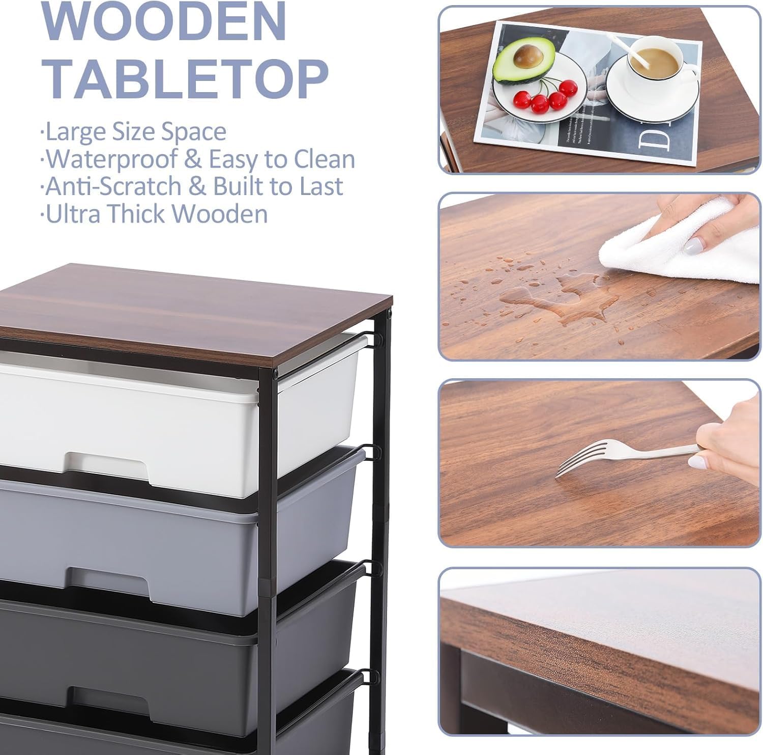 Chariot de rangement - 4 tiroirs, roulettes, plateau bois, gris, grande capacité