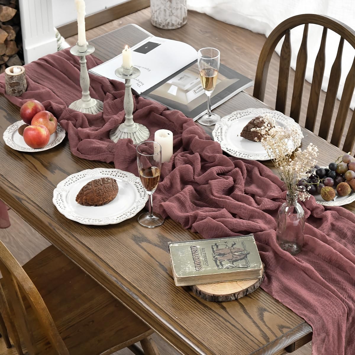 Artoid Mode - Chemin de table Bohême - 300 cm - Gaze mousseline, rouge vin, déco mariage/fête