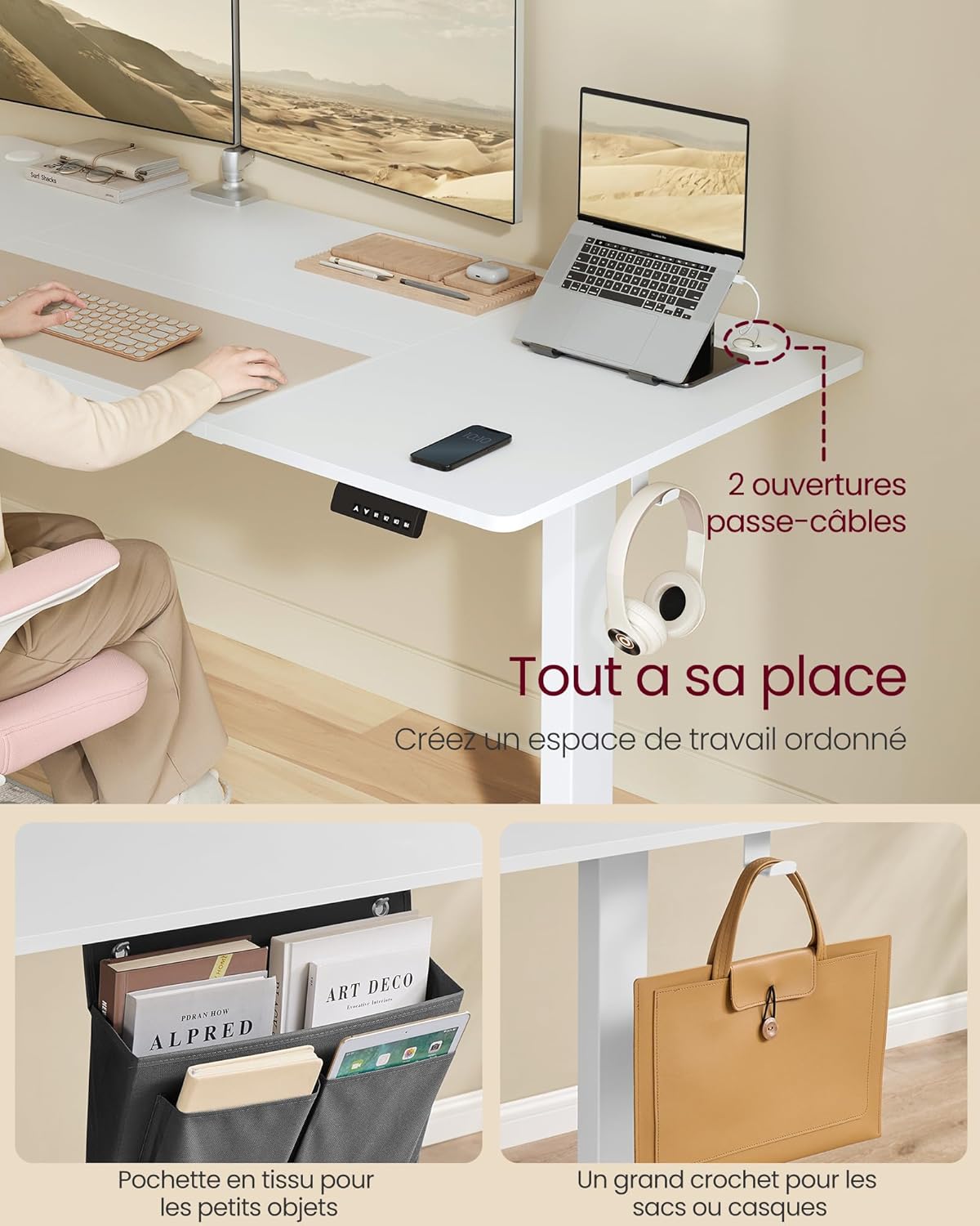 SONGMICS - bureau assis-debout, 180x80 cm, réglable, mémoire 4 hauteurs, LSD138W01