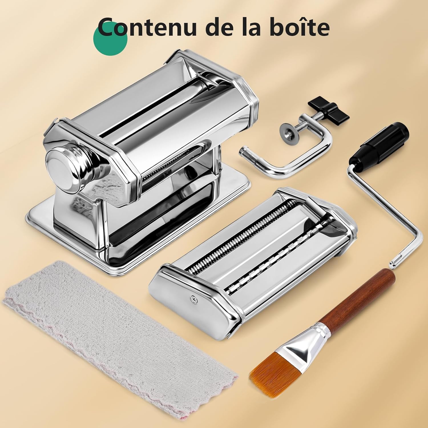 YASHE - machine à pâtes manuelle - inox, 7 réglages, rouleau, coupe-pâtes