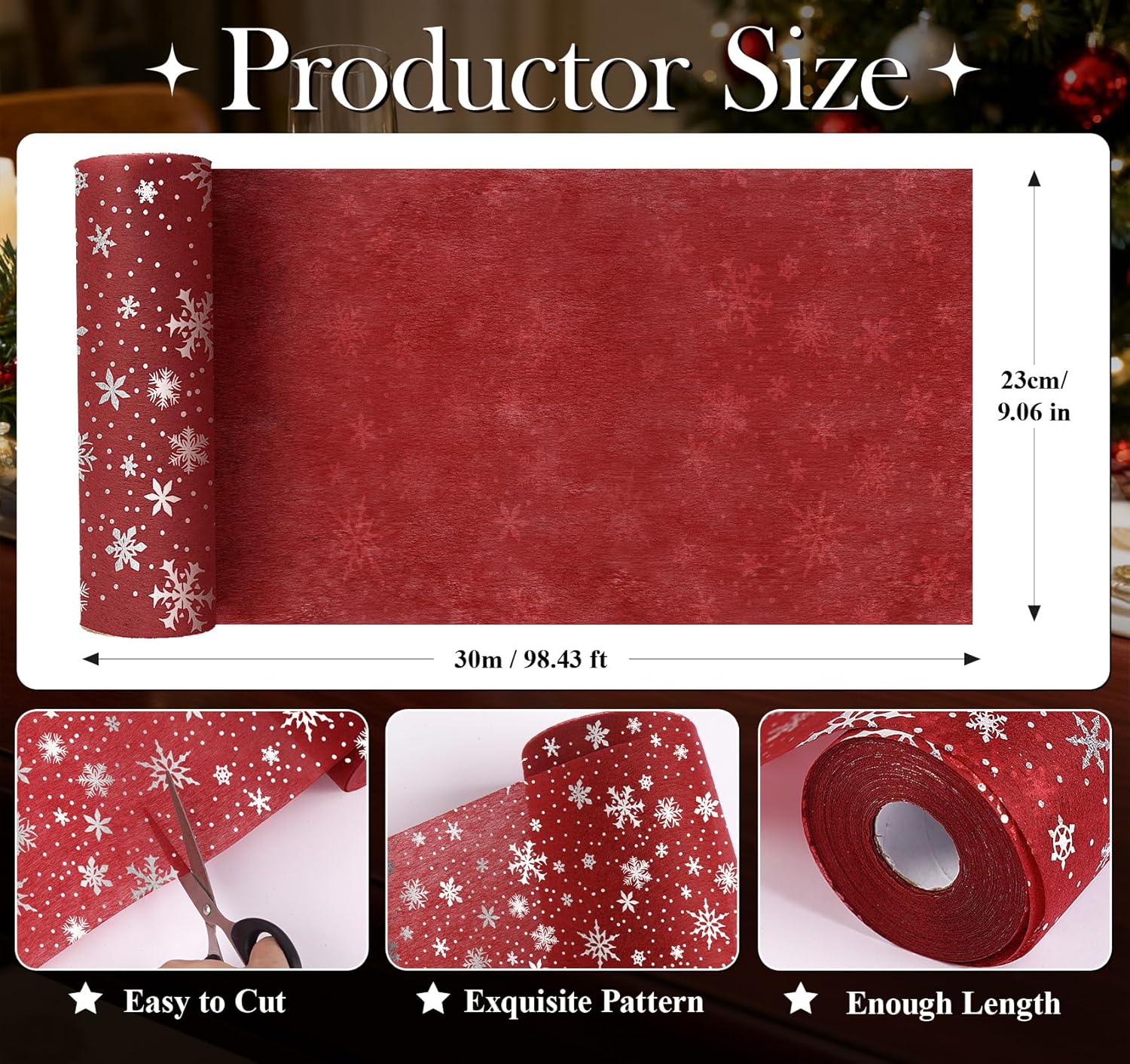 Chemin de table - rouge flocons argentés - 30m x 23cm - déco fêtes noël