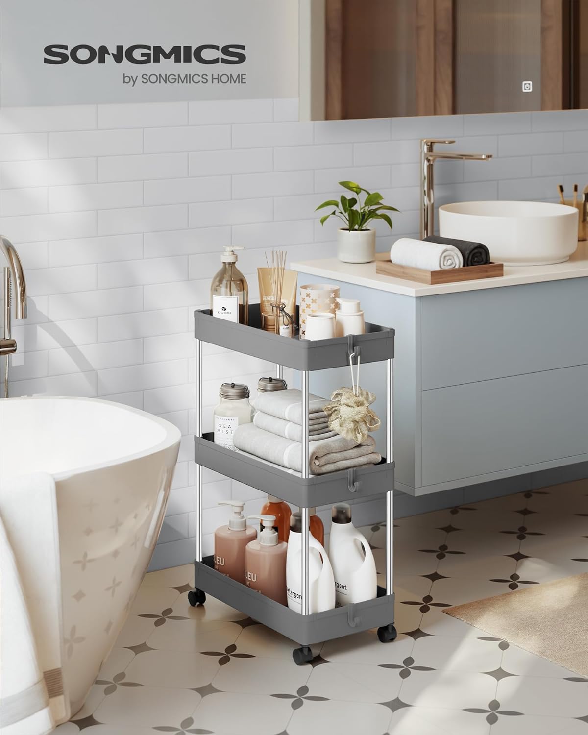 SONGMICS - Chariot cuisine 3 niveaux, acier, 23,6x42x60,6cm, 6 crochets, KSC009G01