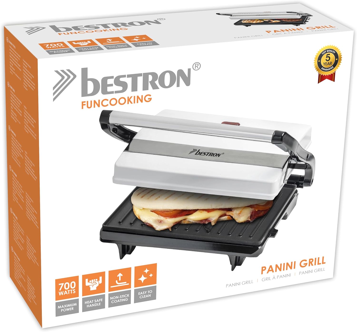 Bestron - machine à panini blanche, poignée Cool-Touch, 700W, bac récupérateur, revêtement antiadhésif - APM123W