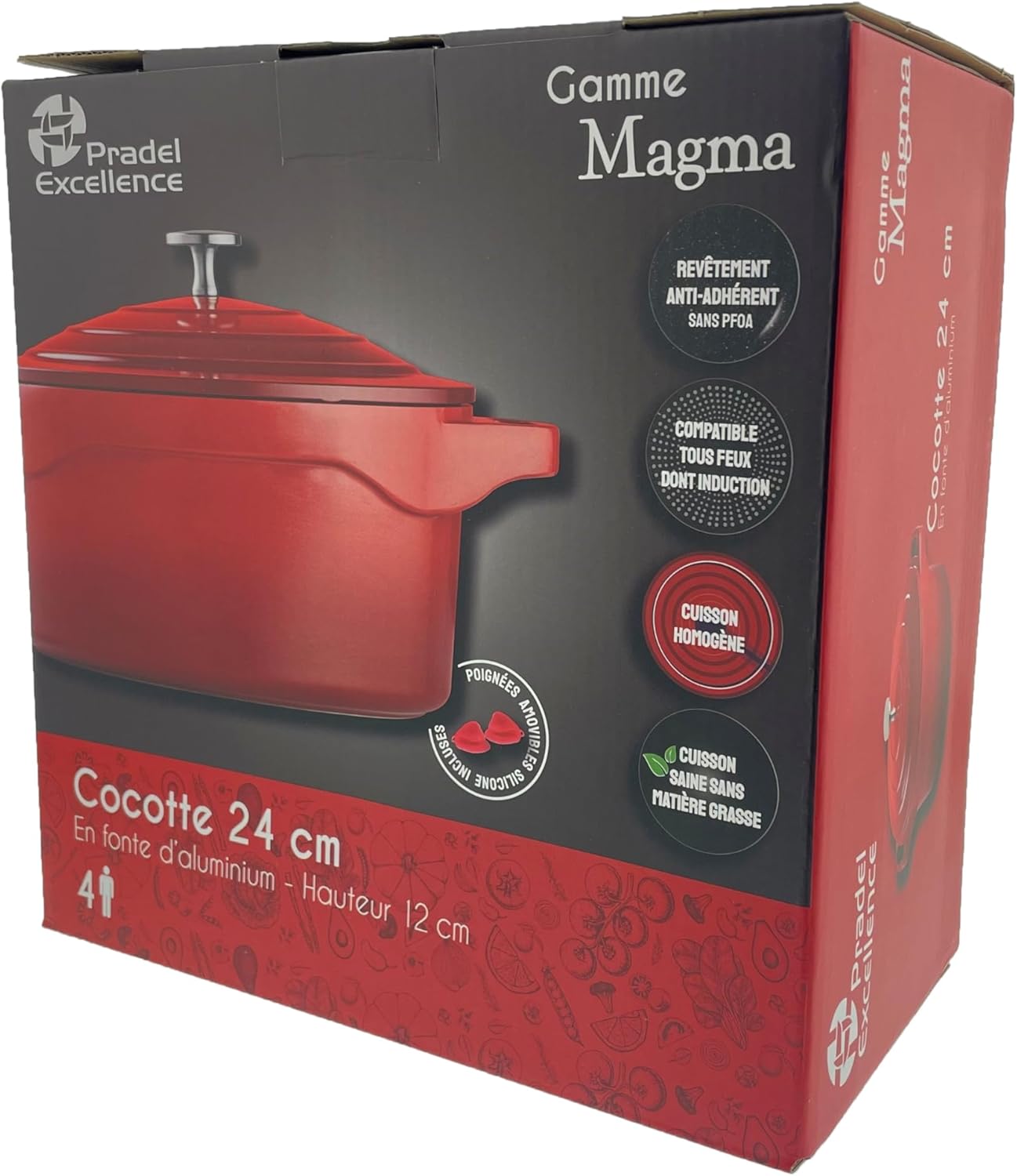 Pradel - Cocotte Ronde fonte d'aluminium 24cm anti-adhésive, maniques amovibles, tous feux - PCUI003002
