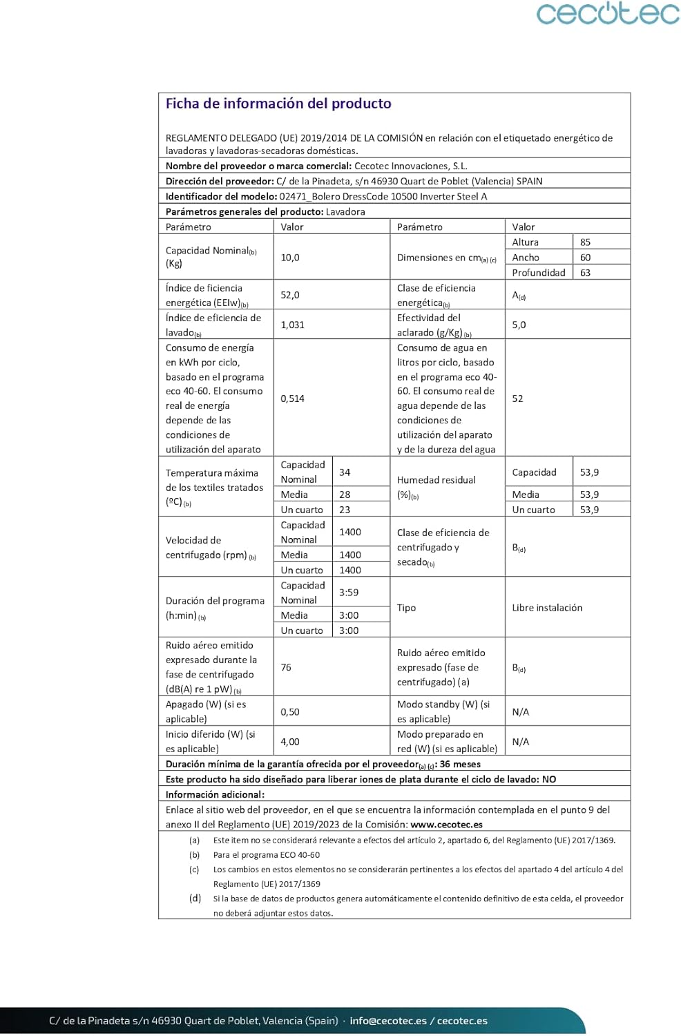 Cecotec - Bolero Dresscode 10500 - 10 kg, 1400 tr/min, Inverter, 16 programmes