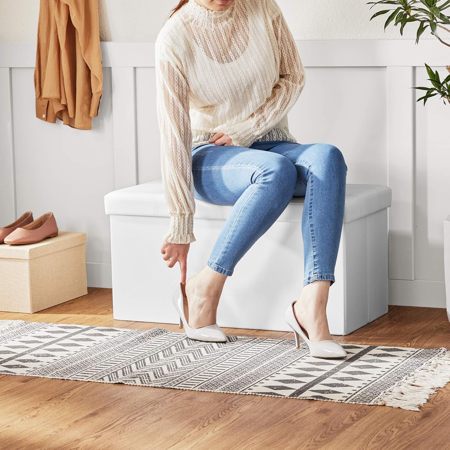 SONGMICS - banc pliable blanc - 76x38x38cm, PVC, 80L, 300kg - LSF106