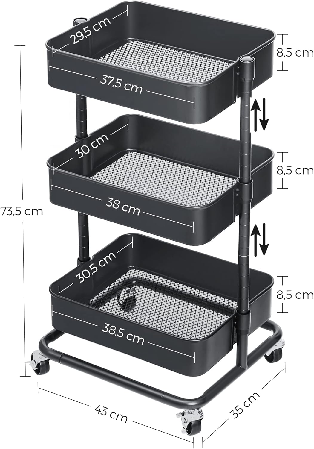 SONGMICS - Chariot 3 niveaux - hauteur réglable, freins, montage facile - BSC60GS
