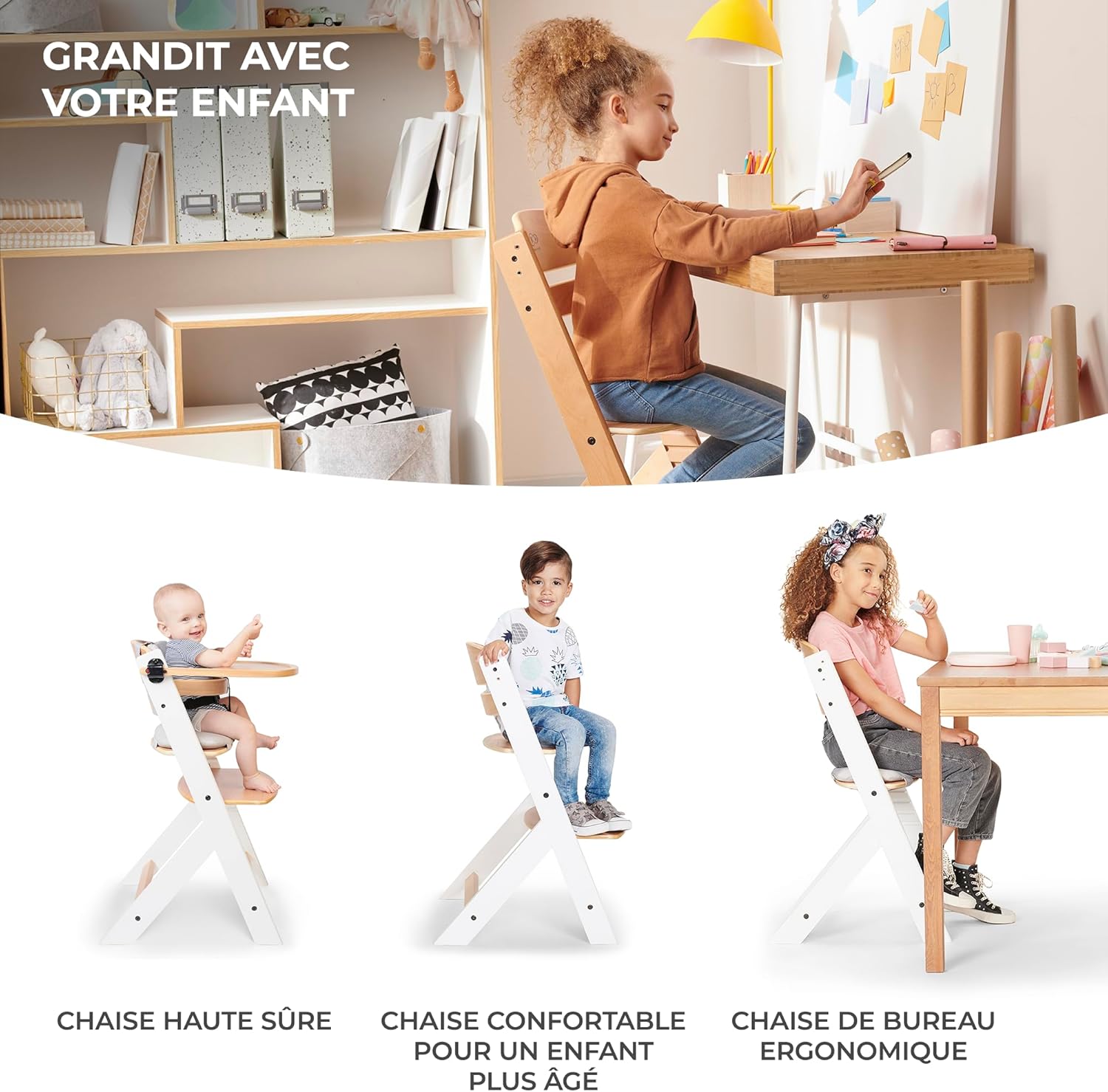 Kinderkraft - ENOCK - chaise 2-en-1 réglable, bois, harnais 3pts, 35kg, Blanc