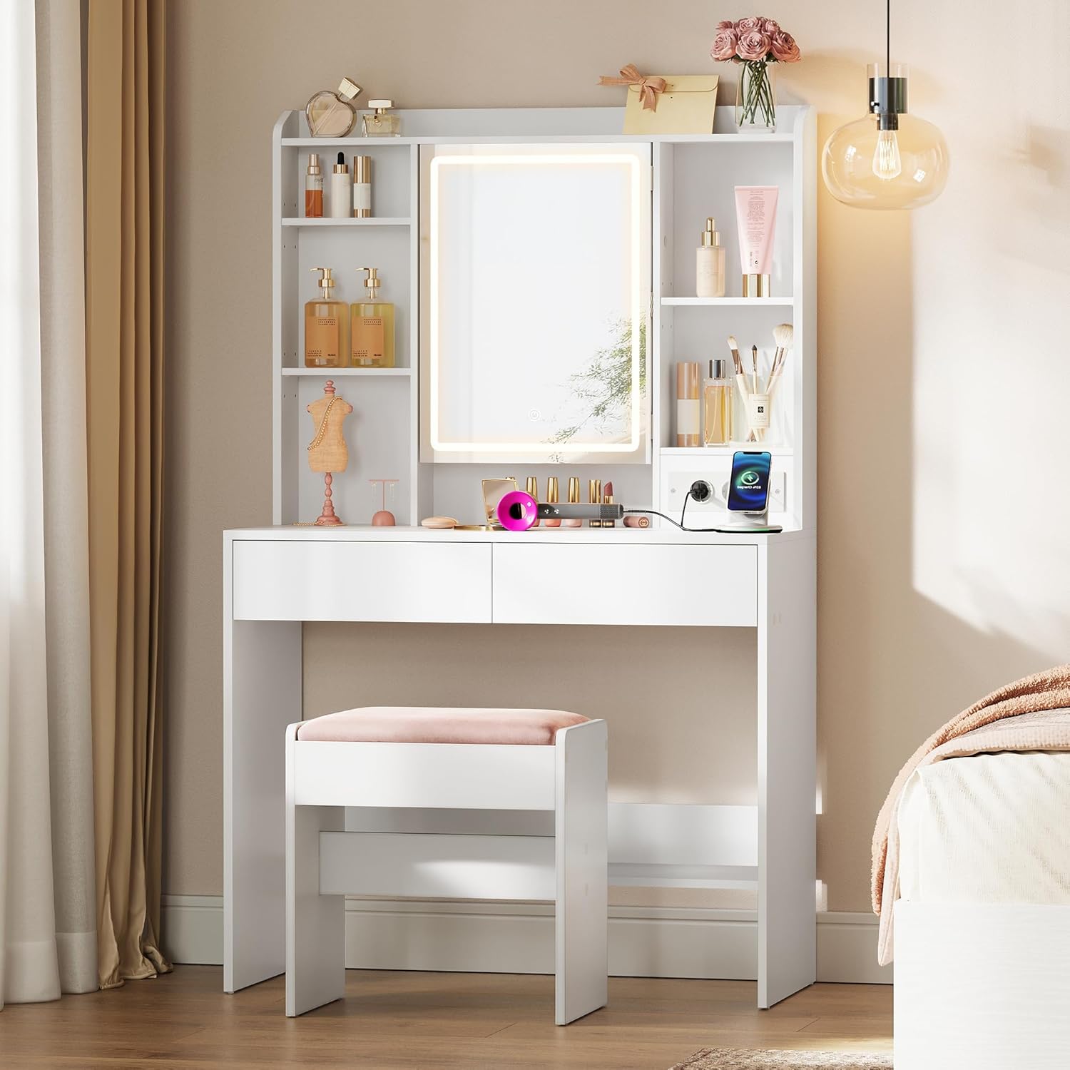 VASAGLE - coiffeuse Kailyn, blanche, miroir LED, 2 tiroirs, RDT143WB01